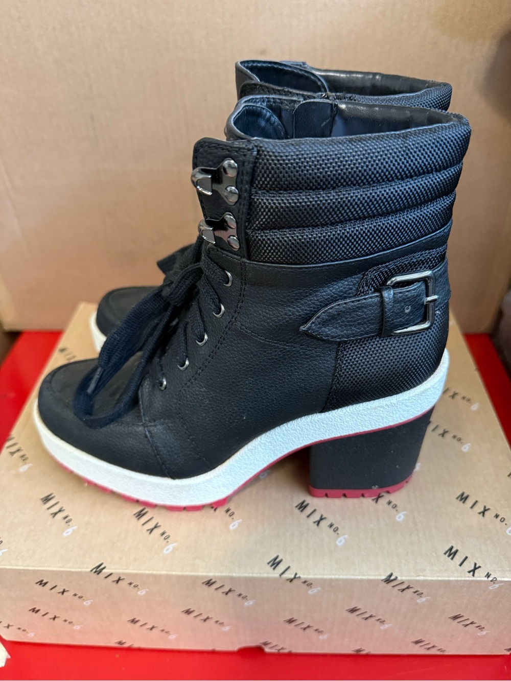 Mix No. 6 Denari Black Lace-Up Combat Ankle Boots Block Heel